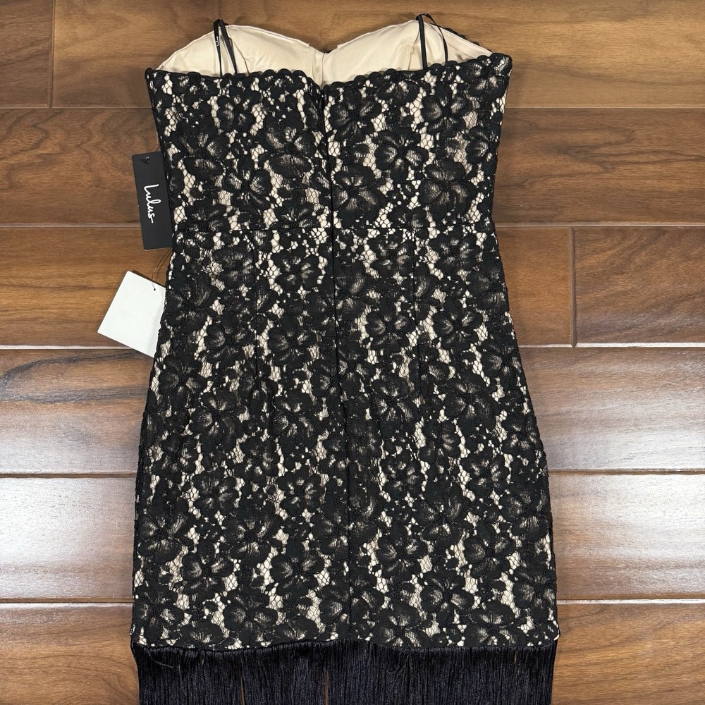 Lulus Size Small Black Lace Ain't Misbehavin Fringe Strapless Bodycon Dress - Picture 10 of 11